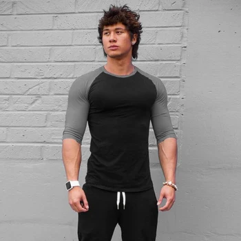 Plain Fitness Dreiviertel-Ärmel-Shirt für Herren, Trainingskleidung, Baumwolle, atmungsaktives T-Shirt