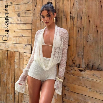 Kryptografische Mode, Neckholder, drapiert, 3-teiliges Set, Strand-Outfits, ausgehöhlte Bikini-Shorts