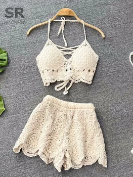 SINGREINY Stricken Zweiteilige Sets Frauen Sommer Urlaub Rückenfreies Leibchen Elastische Taille Shorts