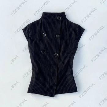 Button Harajuku Y2k Tank Top Streifen Grafikdruck Punk Crop Top Streetwear Rock Goth Weste Subkultur Spicy