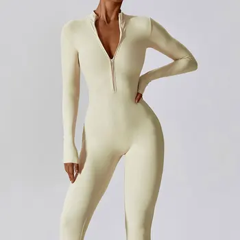 Yoga-Overall, langärmelig, Damen-Sportbekleidung, Fitnessstudio, Reißverschluss, Overalls, Workout