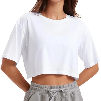 Harajuku Hemd Lustige Y2K frauen Crop Tops Casual Weibliche Weiß Crop Tops T-shirt Rundhals Kurze Lose Tees