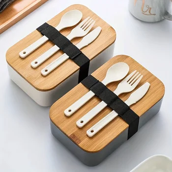 Lunchbox mit Bambusdeckel und ein Satz Messer, Gabeln und Löffel, versiegelte Lunchbox, Salat, geeignet