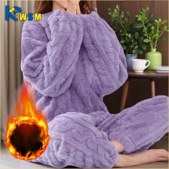Winter Loungewear Set Korallen Samt Pyjamas Flauschigen Verdickt O Hals Zwei Stück Nachtwäsche Frauen Homewear