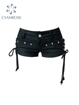Damen schwarze Gothic Denim Shorts Vintage ästhetische koreanische Jeans shorts mit niedriger Taille Harajuku