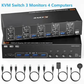 KVM-Switch 3 Monitore 2/3/4 Computer, USB 3.0 HDMI+DisplayPort 8K@60Hz/4k@144Hz Dreifach-Monitorschalter für 2
