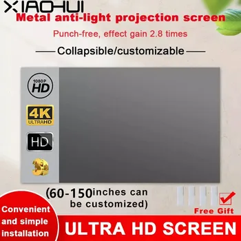XIAOHUI Projektor-Leinwand, einfacher 16:9 Anti-Licht-Vorhang, 60/72/84/100/110/120/133/150 Zoll, für Zuhause