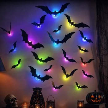 Halloween Lila/Bunte LED-Fledermaus-Wandaufkleber 3D Leuchtende Selbstklebende Nachtlichter