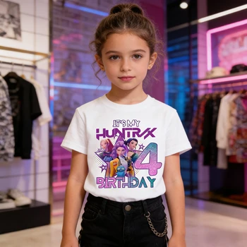 K Pop Demon Hunters Kinder-T-Shirt, Kawaii-Cartoon, Geburtstagsnummer 1-9, bedruckte Tops, Mädchen-T-Shirt