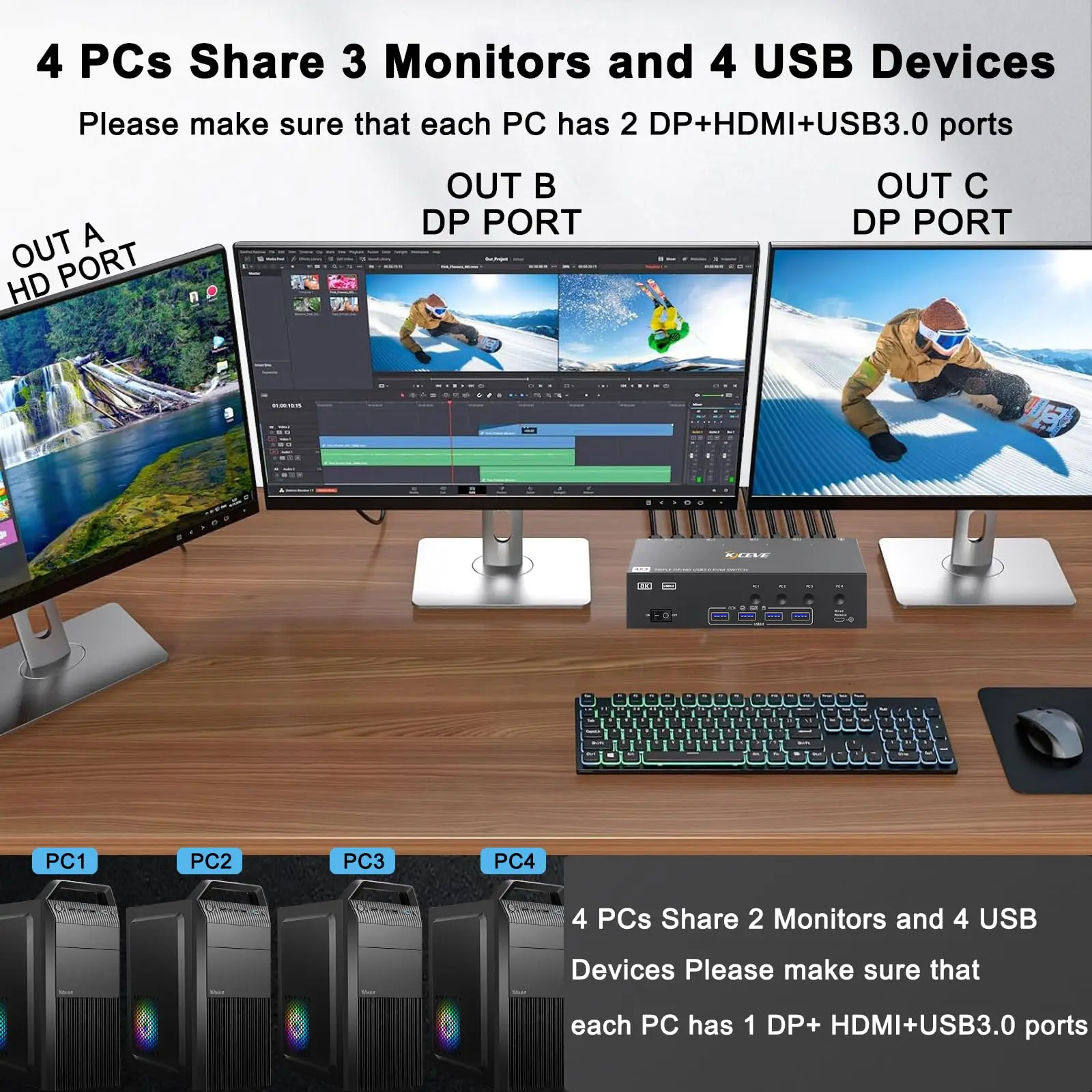KVM-Switch 3 Monitore 2/3/4 Computer, USB 3.0 – Bild 3