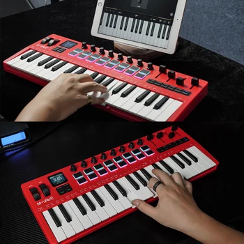 M-VAVE SMK-37 Pro Roter MIDI-Controller mit 37 Tasten und 16 RGB-Pads, 8 Knöpfe, integrierter Synthesizer