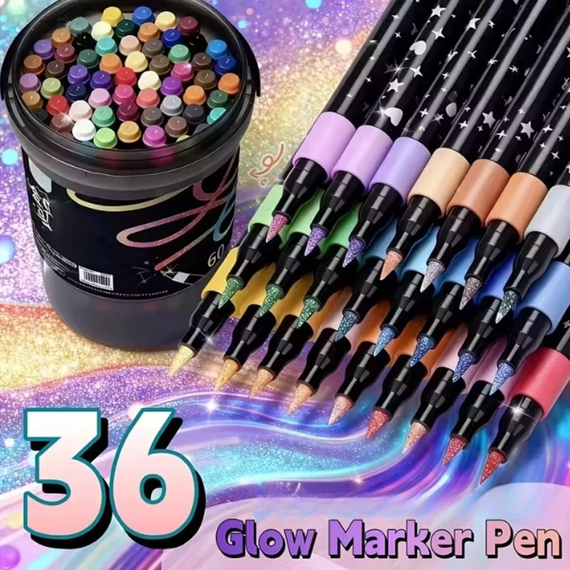 24/36 Stück/Eimer Farbige Doppelspitzen-Glitter-Kunstmarker – Bild 3