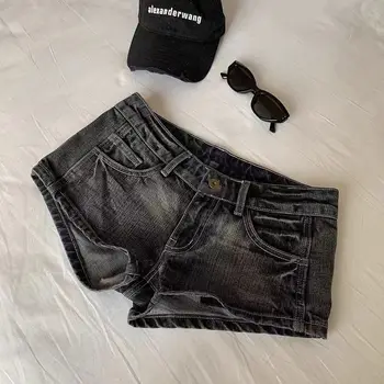 Vintage Denim Shorts Frauen Sommer Schwarz Grau Gewaschen Niedrige Taille Elastische Dünne Hot Shorts Jeans