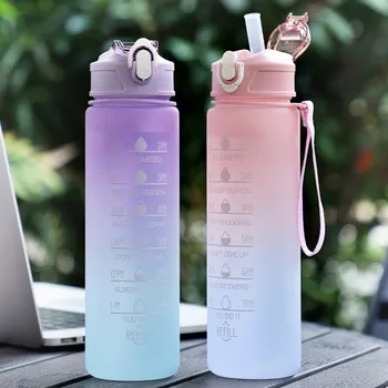 900ML Sportwasserflasche mit Zeitmarkierung Auslaufsichere Motivations-Trinkflasche für Outdoor-Sport Fitness