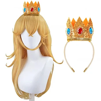 Spiel Cosplay Prinzessin Perücke Pfirsich Krone Cosplay Lange Wellenförmige Halloween Pfirsich Cosplay Perücke