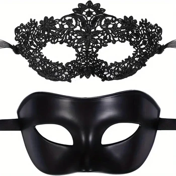 Elegantes schwarzes Spitzen-Maskerade-Masken-Set für Paare - perfekt für venezianische Partys (2 Stück)
