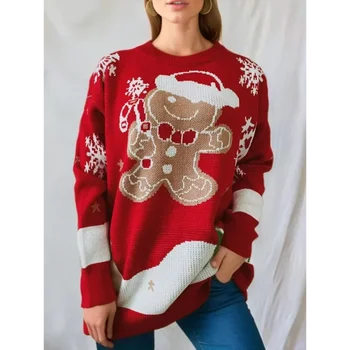 Pullover Frauen Weihnachten Schneemann Gestrickte Langarm Rundhals Damen Jumper Mode Lässig Winter Herbst