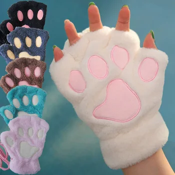 Cartoon niedlichen Katze Klaue Pfote Handschuhe Frauen Plüsch Fäustlinge warmen weichen Plüsch kurze finger