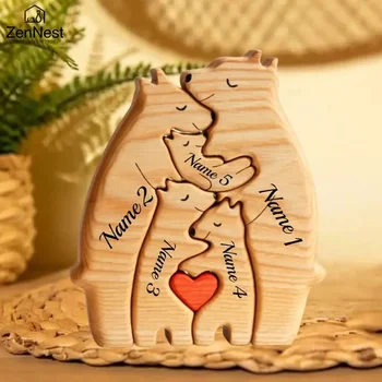 Kunst-Holzbär-Familienpuzzle, personalisierter Name, individuelle Heimdekoration, Thanksgiving, Weihnachten