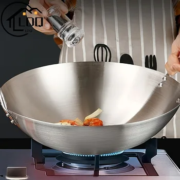 Großer Edelstahl-Wok, unbeschichtete, dicke, langlebige Kochpfanne mit zwei Griffen, leicht zu reinigen
