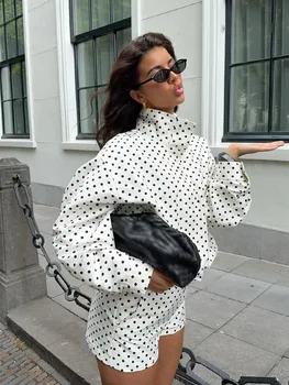 HH Frau Herbst Lange Ärmel Rollkragen Zipper Mit Taschen Kordelzug Casual Mäntel Frauen Mode Polka Dot
