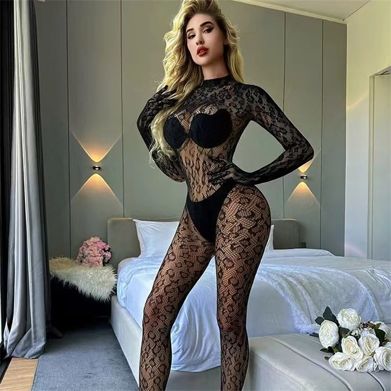 Frauen Sexy Leopard Aushöhlen Mesh Bodystocking Fishnet – Bild 2
