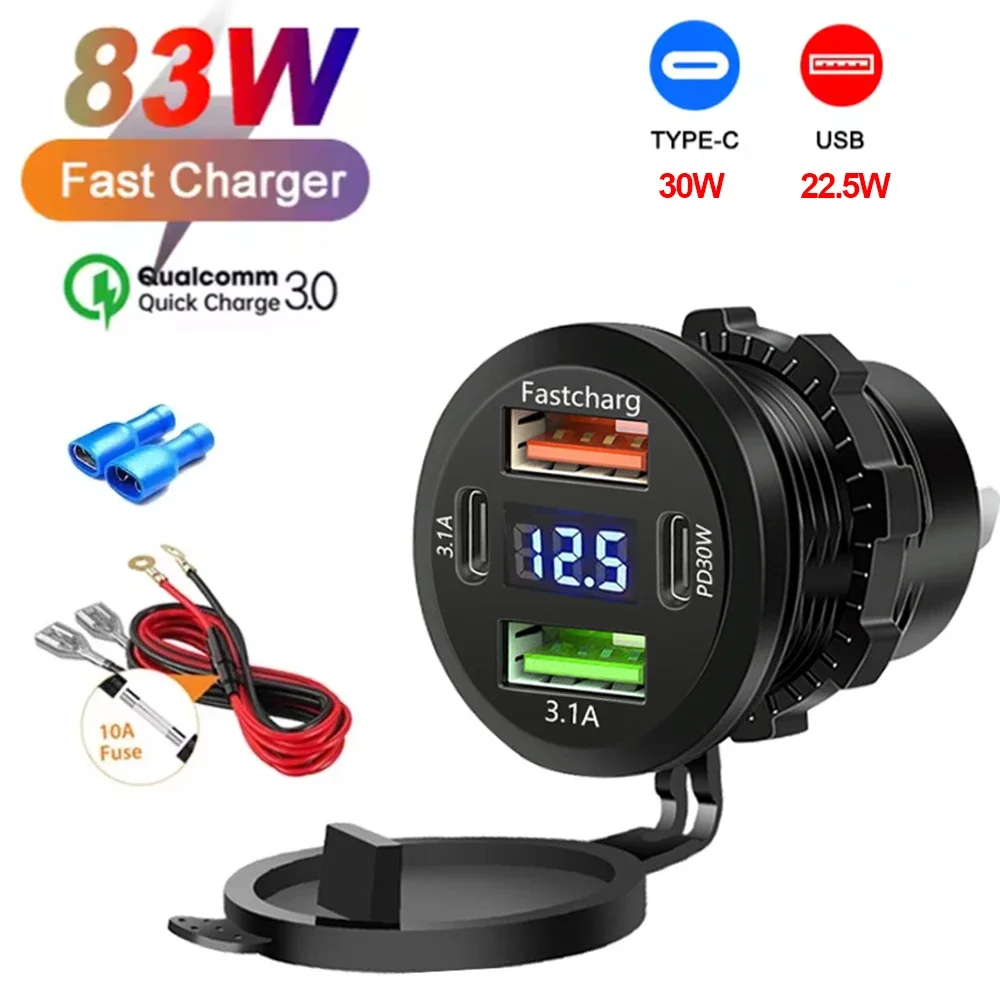 Einbau-Ladebuchse 117 W, 2× PD + 2× QC 3.0, Voltmeter, 12/24 V