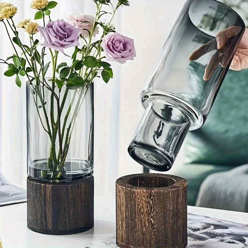 Elegante Glasvase mit Holzsockel für Hydrokulturpflanzen – Bild 5