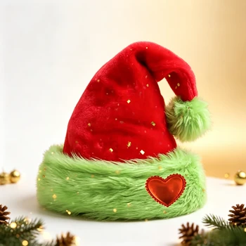 Weihnachtsmannmütze, Goldglitzer-Samtmütze mit Grünem Kunstfellbesatz, Rote Herz-Applikation Bommel