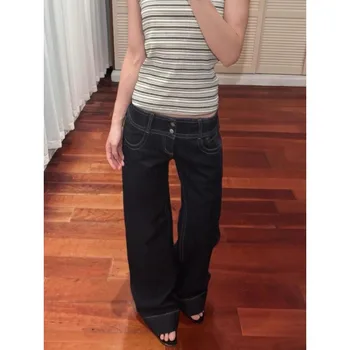 Amerikanische Retro-Jeans mit niedriger Taille und weitem Bein für Damen, Sommer und Herbst, lockere