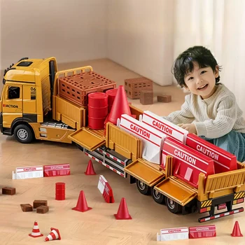 1:32 Straßensperre Transport LKW Flachbett Anhänger Modell Spielzeug Druckguss Legierung Auto Türen Geöffnet