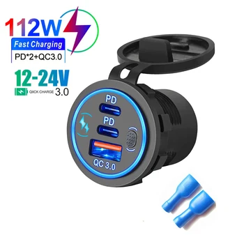 3 Ports Schnellladung Dual PD & QC 3.0 112 W Blende Autoladegerät Steckdose für 12 V 24 V Motorrad Boot Marine