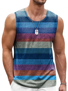 Retro Striped Graphic Tank Tops For Men Fashion Casual Summer Sleeveless 3D Printed Vest Loose Crew Neck Quick