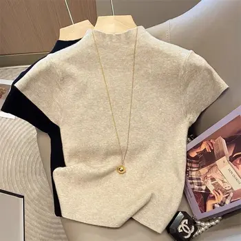 2026 grundlegende Rollkragen Solide Dünne Sommer Pullover Frauen Weibliche Gestrickte Pullover Dünne Kurzarm