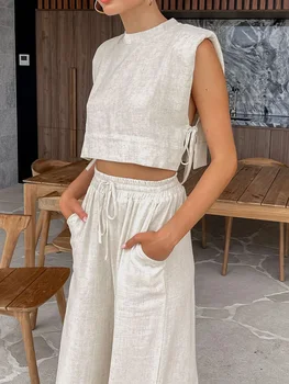 Frühling Sommer 2025, Damen-Feiertags-Leinen-Hosen-Set, bauchfreie Tops, solide Outfits, 2-teiliges passendes