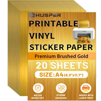 20 Blatt im A4-Format, bedruckbares Vinyl-Aufkleberpapier, selbstklebendes metallisches gebürstetes Gold