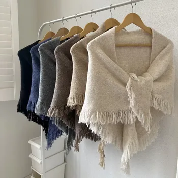 Winterschals aus warmer Wollmischung für Damen, einfarbig, 175 cm, großer Dreiecksschal mit Quasten