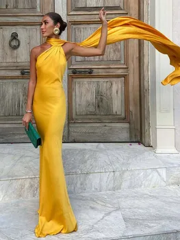 Elegantes Band-Neckholder-Kleid für Damen, solide, schulterfrei, ärmellos, rückenfrei, schlank, Maxikleider