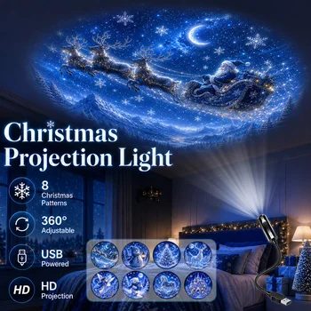 Weihnachts-Projektionslicht mit 8 Mustern, Festliche Lichtdekoration, Nachtlicht