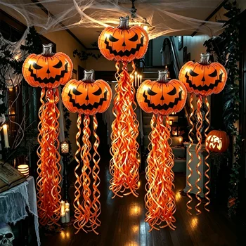 Set - Halloween-Dekorationszubehör, gruselige Kürbisballons und Spiralquasten-Regenvorhang-Set (7 Stück)