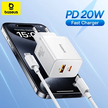 Baseus 20 W USB-Ladegerät, Dual-Ladeanschluss, unterstützt Typ C PD, Schnelllade-Handy-Ladegerät für iPhone 15
