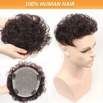 Herren-Perücke aus 100 % Echthaar, lockig, gewellt, kurzer Topper, atmungsaktiv, natürlicher Look, leicht