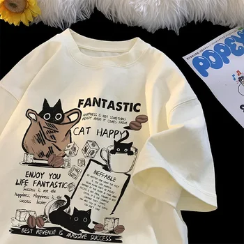 Männer Frauen T Shirt Pullover Oversize Koreanische version Cartoon Katze Gruppe Gedruckt T-Shirt Casual