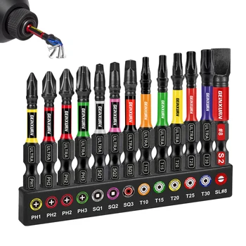 Geinxurn 13-teiliges Impact-Schraubendreher-Bit-Set mit Phillips/Quadrat/Schlitz, 5,1 cm magnetisches