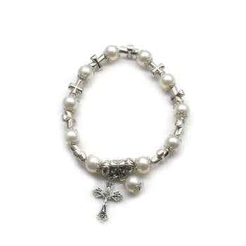 QIGO Weißes Glasperlen-Kreuz, elastische Rosenkranz-Armbänder, religiöser Schmuck für Frauen