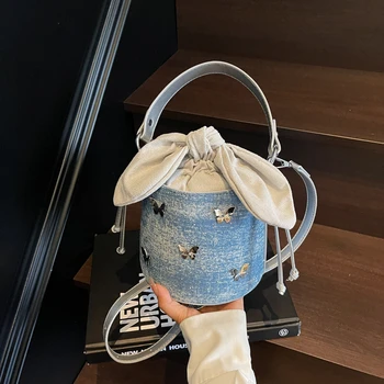 Mini-Umhängetaschen für Damen, 2025, süße Schmetterlings-Handtaschen, Clutch-Tasche, Vintage-Denim