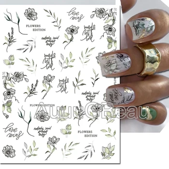 Nail Art 3d Abziehbilder Retro Aquarell Graublumen Blätter Buchstaben Nachricht Kleber Schieber Nagel