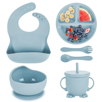 Kinder geschirr Set Baby Silikon Geschirr 6 Stück Set Sauger Schüssel Lätzchen Tasse Gabel Löffel Set Mutter