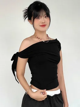 2024 Damen-Sommer-Ins-Stil, neues Schrumpf-Plissee-One-Shoulder-Crop-Top, rückenfrei, Twist-Krawatte
