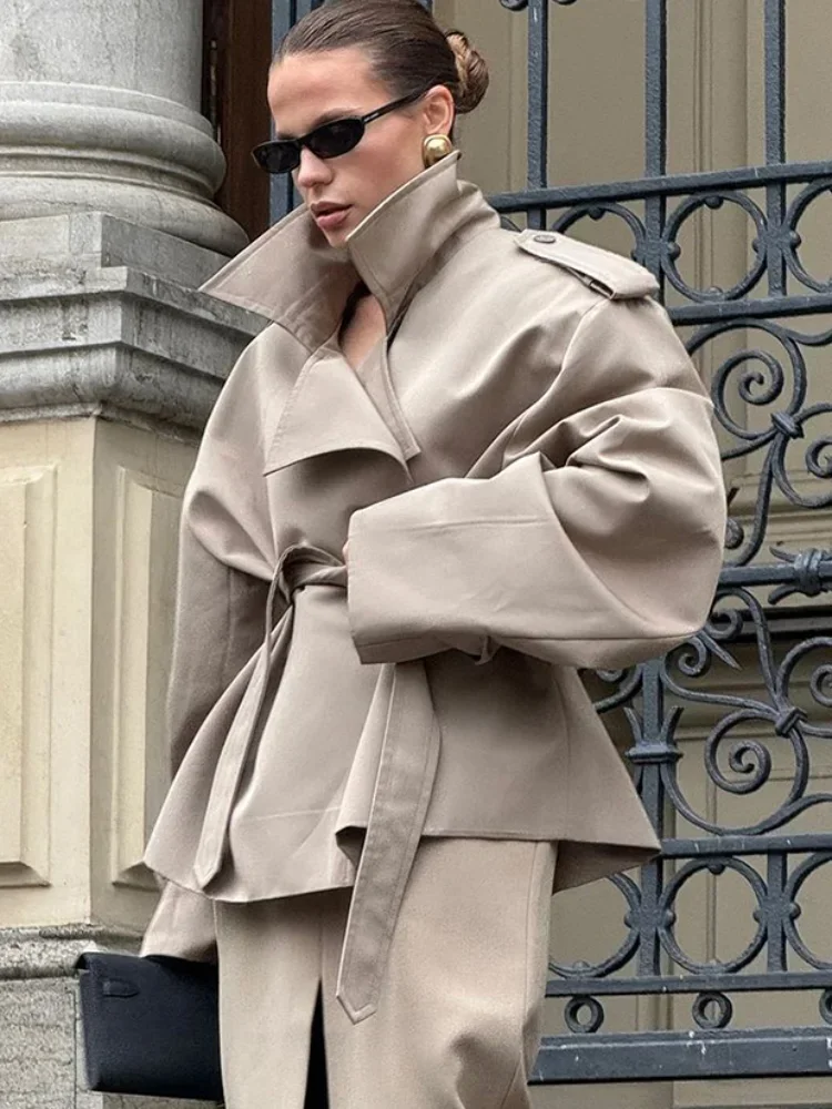 Solide Laepl Lace Up Trenchcoat Frauen Mode Volle Hülse – Bild 3